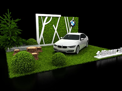 All New White BMW Car Display With Green Plant Wall Trees And Shrubs 3d model