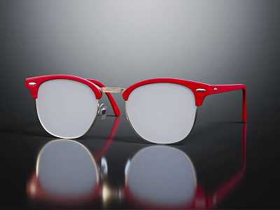 Red Half Frame Eyeglasses With White Lenses On Black Surface Reflection 3d model