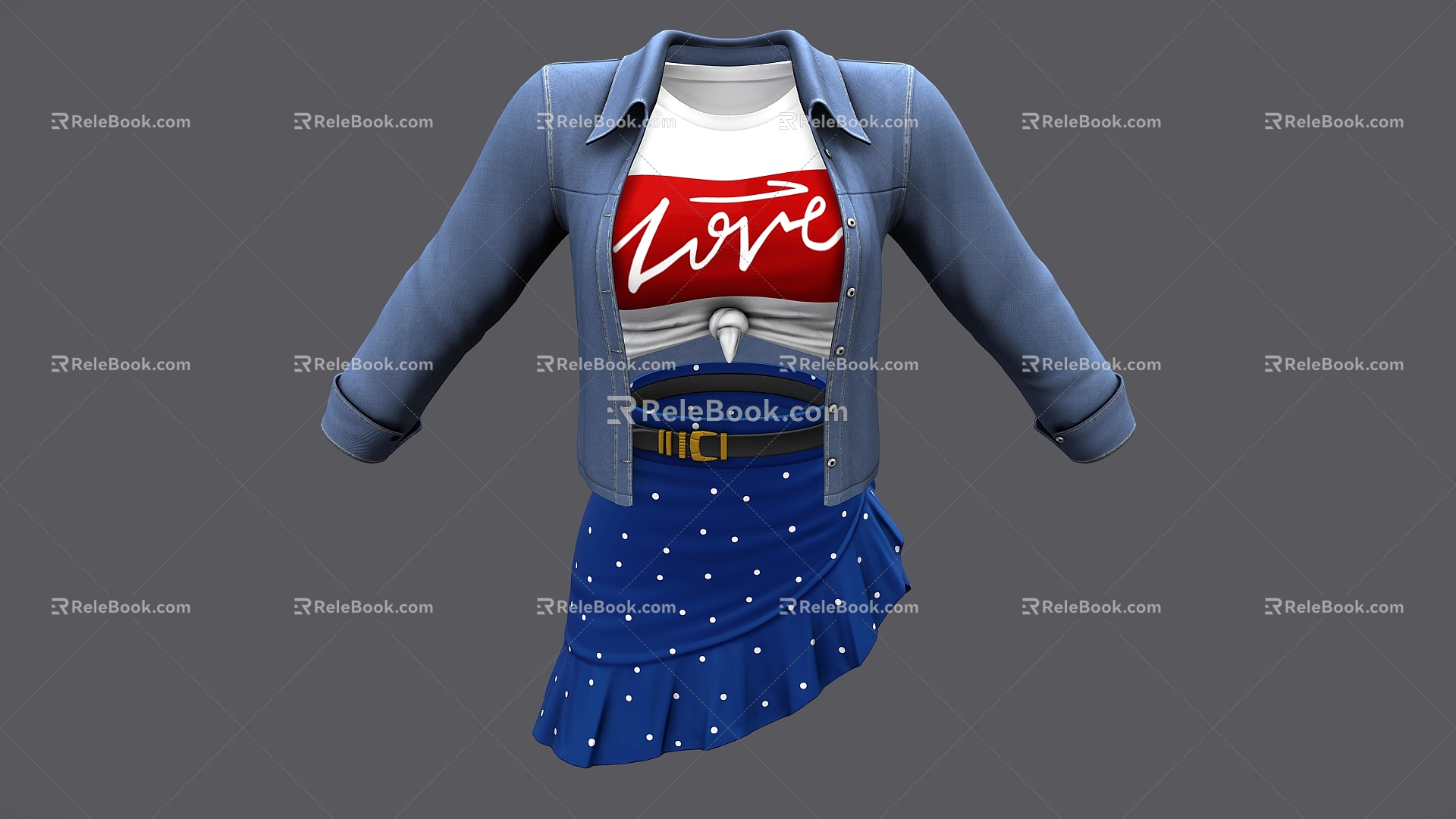 Denim Coat Skirt Skirt suit Clothes Coat Skirt Long Sleeve 3d model