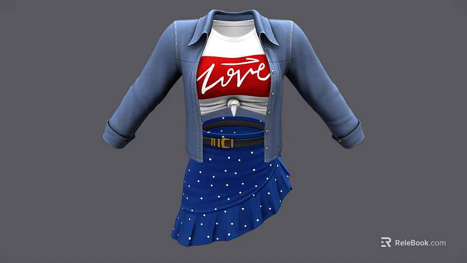 Trendy Clothing With Blue Denim Jacket White Love Print T-shirt Blue Polka Dot Ruffled Skirt 3d model 