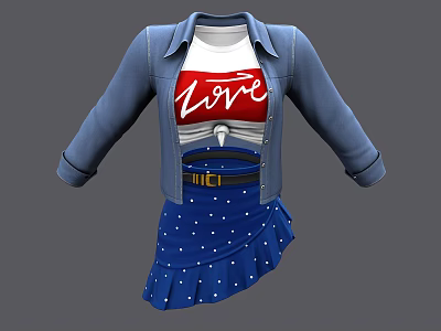 Trendy Clothing With Blue Denim Jacket White Love Print T-shirt Blue Polka Dot Ruffled Skirt 3d model