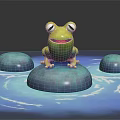 Adorable Green Cartoon Frog Sitting On Blue Round Stone With Water Ripples And Small Stones