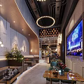 Stylish Modern Bar Interior Design With Mirrored Ceiling Counter Stools And Bottle Shelves