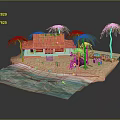 Cartoon Beach Scene With Red Roof Hut Palm Trees And Ocean Water