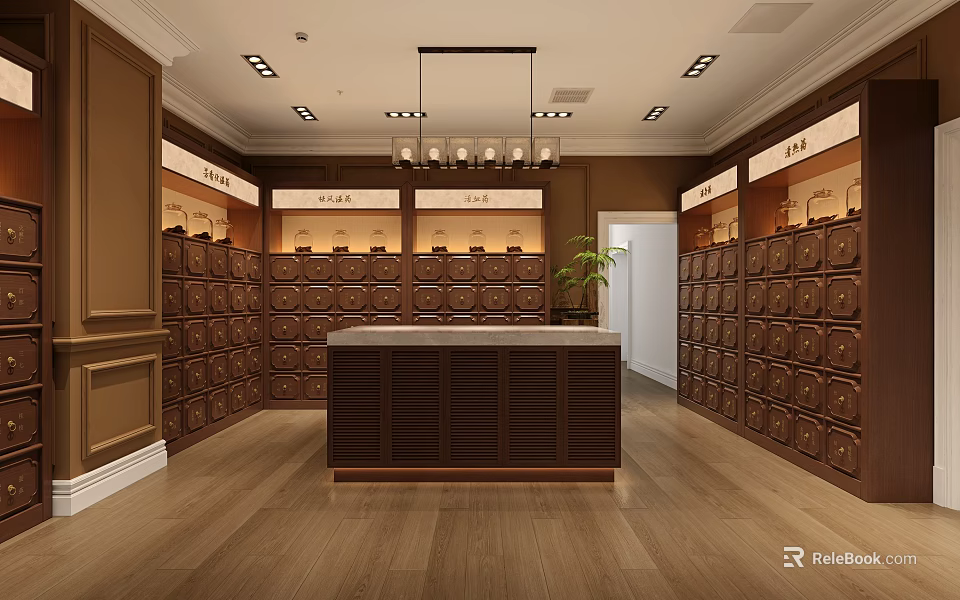 Elegant Wooden Boutique Interior With Display Cabinets Central Counter And Chandeliers 3d model 
