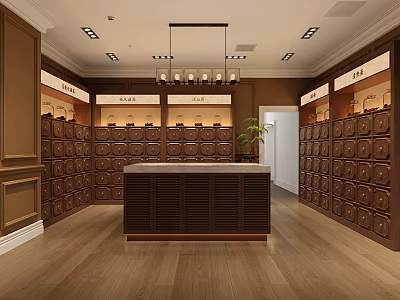 Elegant Wooden Boutique Interior With Display Cabinets Central Counter And Chandeliers 3d model