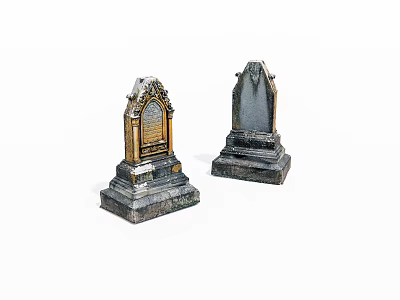 Detailed Two Decorative Tombstone Models With Golden Accents And Gray Bases 3d model