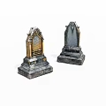 Detailed Two Decorative Tombstone Models With Golden Accents And Gray Bases