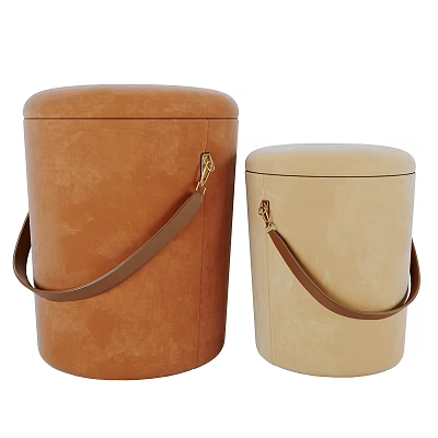 Two Cylindrical Upholstered Ottomans With Leather Handles In Different Colors 3d model