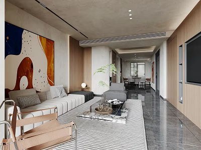 Modern Living and Dining Room Interior With White Sofa Striped Rug And Abstract Art Painting 3d model