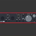 Red Focusrite Audio Interface with Control Knobs and Input Output Ports
