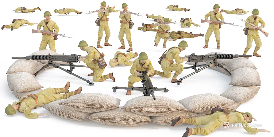 Group of Soldiers in Military Uniforms With Rifles And Sandbags 3d model 
