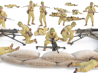 Group of Soldiers in Military Uniforms With Rifles And Sandbags 3d model