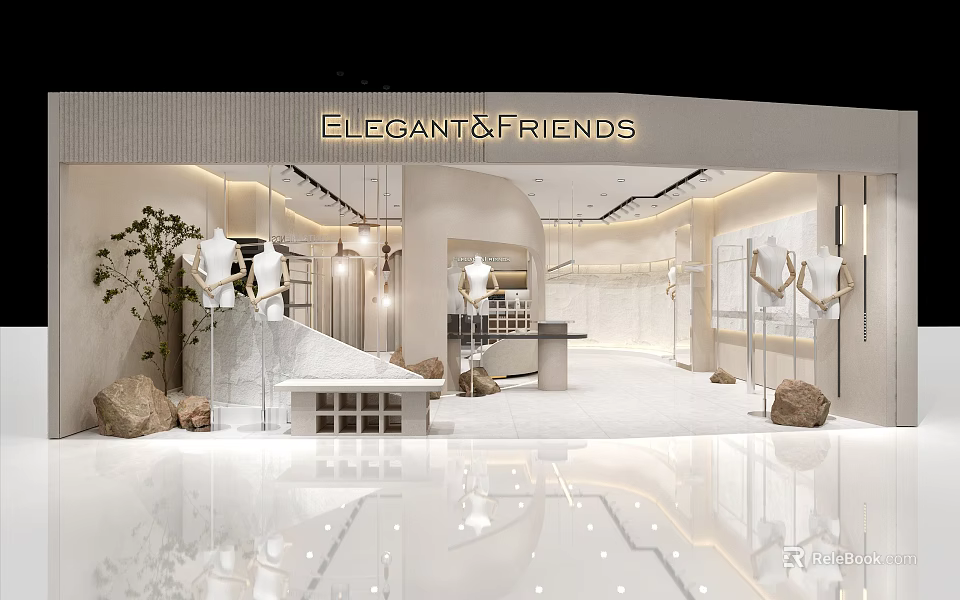 Elegant and Friends Clothing Store Spacious Interior with Mannequins Rocks and Lighting 3d model 