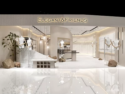 Elegant and Friends Clothing Store Spacious Interior with Mannequins Rocks and Lighting 3d model