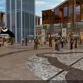 Modern Commercial Street Plaza With Vibrant Atmosphere Outdoor Dining Areas Pedestrians And Panda Sculpture