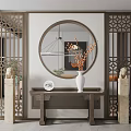 Elegant Chinese Entryway With Round Mirror Hanging Lamp Carved Wooden Screens And Console Table Vase