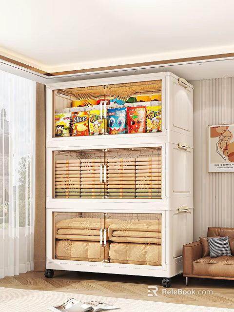 Multi Tiered Storage Cabinet With Snacks Bamboo Drawers And Folded Fabrics In Bright Room 3d model 
