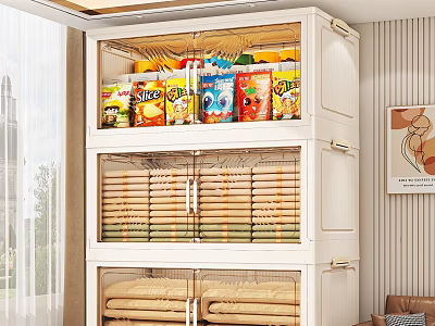 Multi Tiered Storage Cabinet With Snacks Bamboo Drawers And Folded Fabrics In Bright Room 3d model