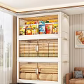 Multi Tiered Storage Cabinet With Snacks Bamboo Drawers And Folded Fabrics In Bright Room