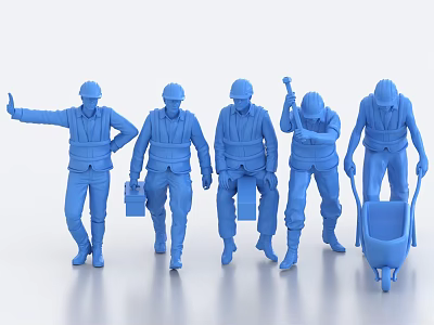 Group of Construction Workers in Safety Helmets with Tools and Wheelbarrow 3d model