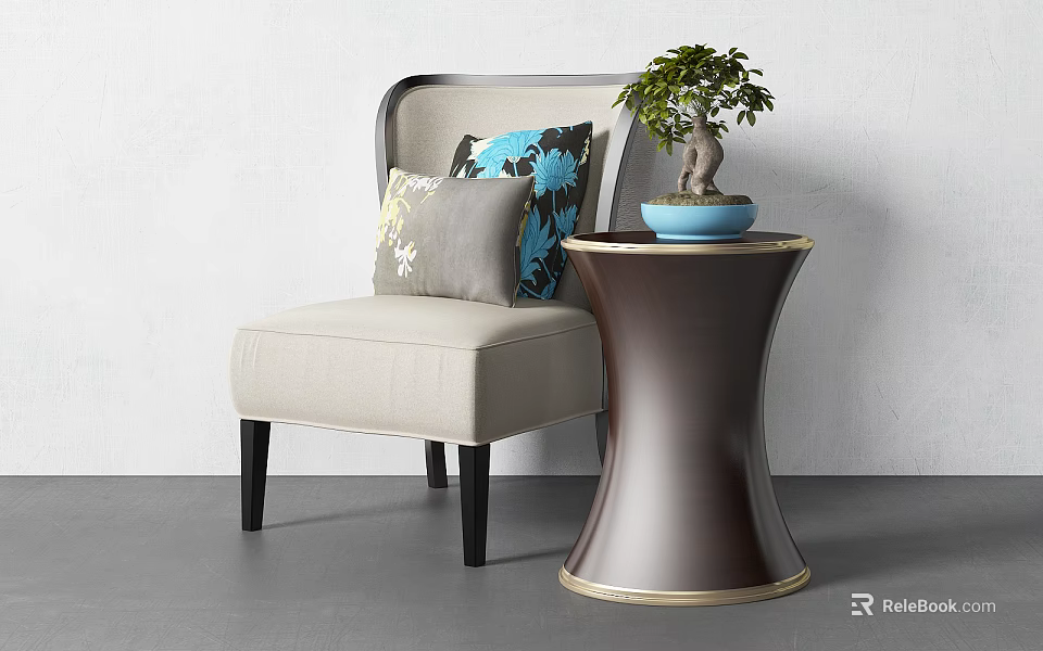 Modern Light Colored Single Sofa With Decorative Pillows And Side Table Potted Plant 3d model