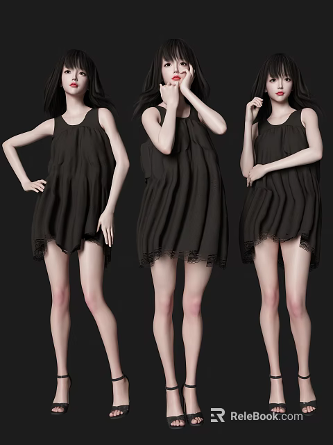 Women in Black Dresses with Hem Details Posing in Different Ways Against Black Background 3d model 