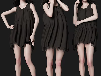 Women in Black Dresses with Hem Details Posing in Different Ways Against Black Background 3d model
