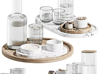 Clear Glass Cups On Wooden And Marble Trays With Small Bowls Containing Grains 3d model