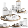 Clear Glass Cups On Wooden And Marble Trays With Small Bowls Containing Grains