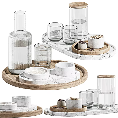 Clear Glass Cups On Wooden And Marble Trays With Small Bowls Containing Grains 3d model