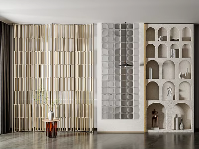 Wooden Slat Partition in Modern Interior With Decorative Wall And Ornaments 3d model