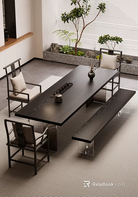 Modern Wooden Dining Table Set With Matching Chairs Bench And Decorative Vase 3d model 