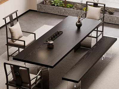 Modern Wooden Dining Table Set With Matching Chairs Bench And Decorative Vase 3d model