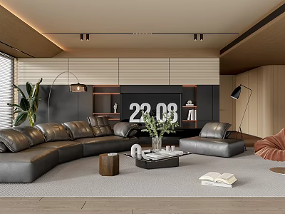 Modern Living Room Interior With Grey Leather Sofa Coffee Table Green Plant And Decorative Clock 3d model