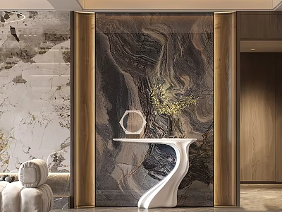 Elegant Modern Entryway Interior Design With Marble Wall Wooden Frames And White Console Table 3d model