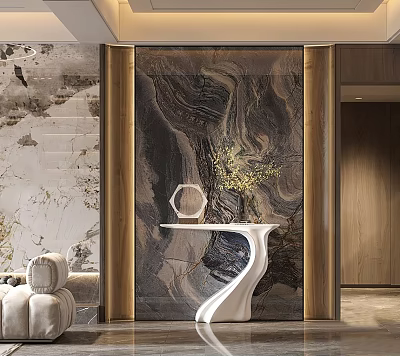 Elegant Modern Entryway Interior Design With Marble Wall Wooden Frames And White Console Table 3d model