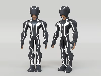 Futuristic Game and Movie Characters in Black Suits With White Lines Standing 3d model