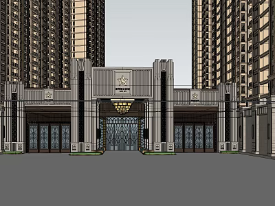 Tall Buildings Surrounding Elegant Entrance With Symmetrical Columns Decorative Doors And Chandelier 3d model