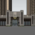 Tall Buildings Surrounding Elegant Entrance With Symmetrical Columns Decorative Doors And Chandelier