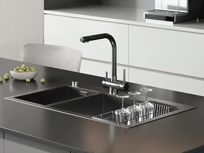 Modern Kitchen Black Countertop Featuring Stainless Steel Double Sink Faucet Dish Rack And Glassware 3d model
