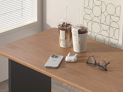 Two Iced Coffee Drinks In Cups On Wooden Table With Phone Wireless Earbuds And Glasses 3d model