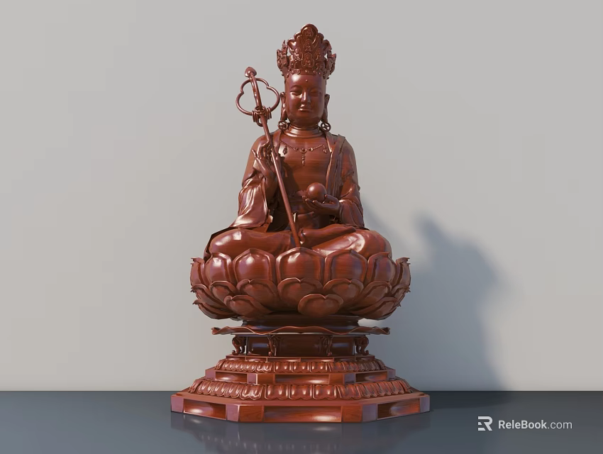 Brown Buddha Sculpture Carving With Lotus Base Holding Scepter And Gem 3d model 
