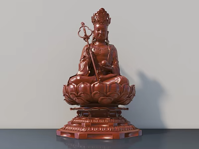 Brown Buddha Sculpture Carving With Lotus Base Holding Scepter And Gem 3d model