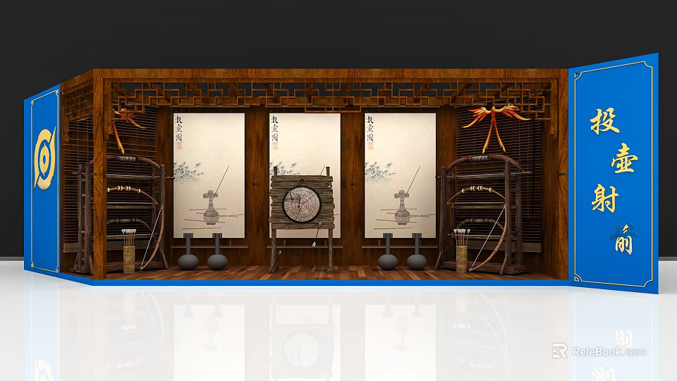 Traditional Chinese Wooden Decorative Setup With Screens Wall Clock Vases And Shelves 3d model 