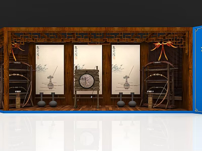Traditional Chinese Wooden Decorative Setup With Screens Wall Clock Vases And Shelves 3d model