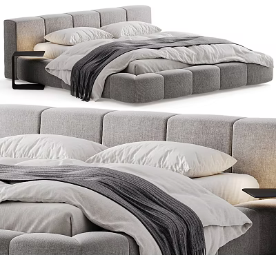 Modern Upholstered Double Bed With Gray Fabric Headboard White Pillows And Nightstand 3d model