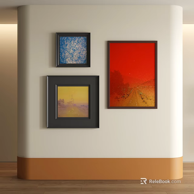 Three Abstract Paintings Hanging On White Wall For Modern Interior Decor 3d model
