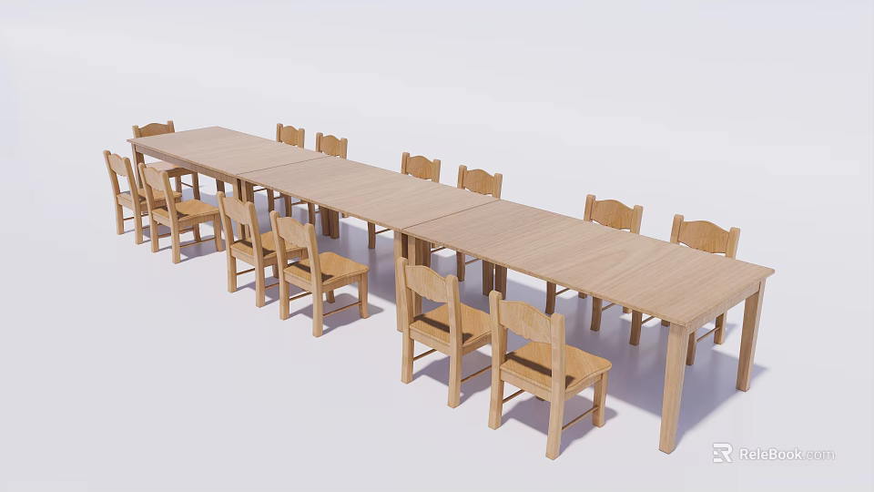 Long Wooden Children's Table Set With Matching Chairs For Classroom Activity 3d model 