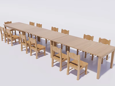 Long Wooden Children's Table Set With Matching Chairs For Classroom Activity 3d model